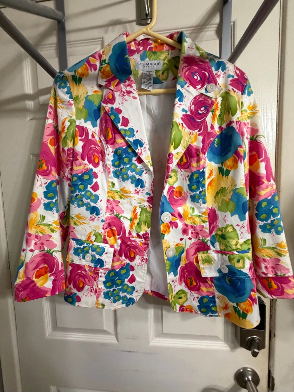 Sag Harbor Floral Cotton Blazer - White with Pink, Blue, Green, Yellow